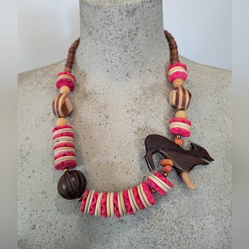 Vintage tribal  hardwood & stone  Safari wolf Statement Necklace